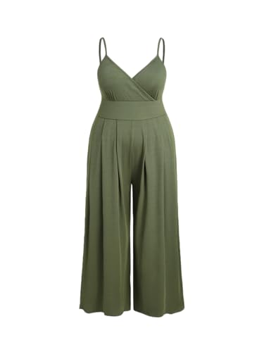 CIDER Overalls in Übergröße für kurvige Frauen, V-Ausschnitt, ärmellos, Spaghetti-Träger, weites Bein, lässiger Sommeroutfit, Olivgrün, 1X