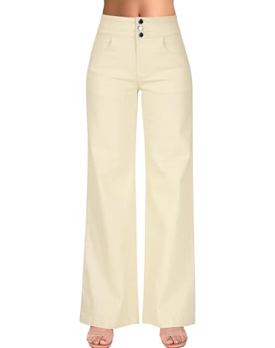 roswear Women's Wide Leg Jeans Casual High Waisted Stretch Baggy Loose Denim Pants Cream Large