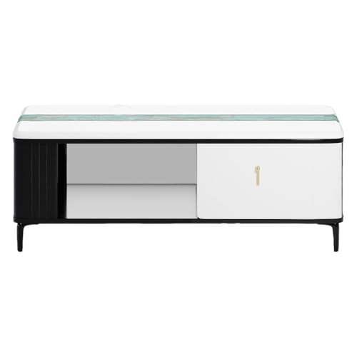 Image of Royaloak Sonet Marble Center Table | Metal Legs | High Gloss Reflective Finish | Italian Art Marble Table | Telescopic Channel | Drawer Storage | Bottom Shelf | Marble Top Centre Table
