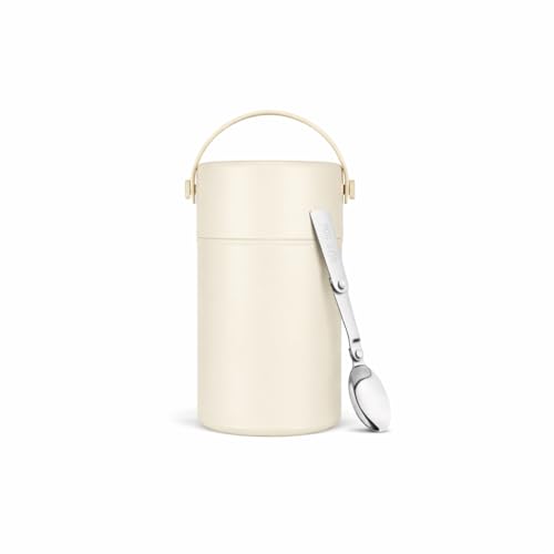 Image of YELONA Insulated Lunch Soup Pot with Folding Spoon & Lid Bowl | 316 Stainless Steel Double Vacuum Food Jar | Leakproof Hot & Cold Food Container for Office & Kids (White)