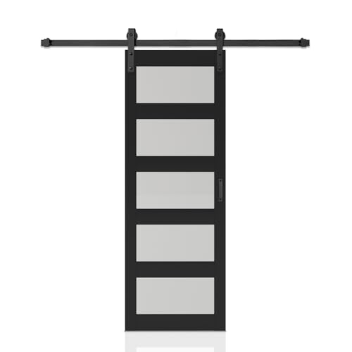 30 in. x 84 in. 5 Lite Tempered Frosted Glass Black Finished Composite Interior Sliding Barn Door...