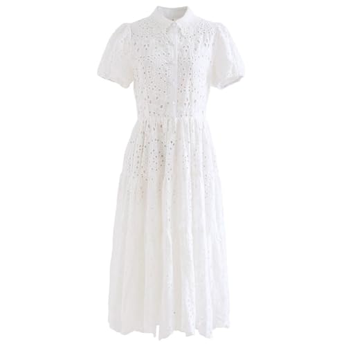 CHICWISH Women Short Sleeves Cotton Midi Dress Crochet Collar Embroidered  Eyelet Button Down Casual White Long Dress at Amazon Women's Clothing store