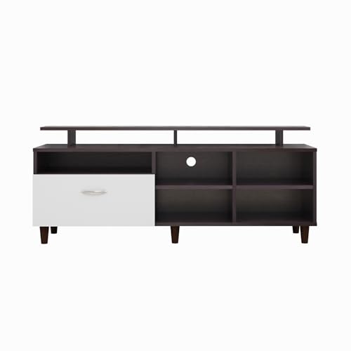 Image of VIKI Modern TV Unit for Living Room | Engineered Wood TV Cabinet with 1 Drawer Storage, 2 Open Shelves & Extension, Entertainment Unit, 140W x 48H x 40D cm | DIY | 1 Year Warranty (Wenge & White)