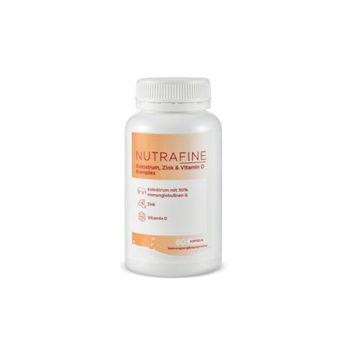 Nutrafine Colostrum Komplex - Premium Erstmolke Rinderkolostrum mit 30% Immunglobulinen G (150 mg IgG pro Tagesdosis) - Mit Vitamin D3 & Zink für eine normale Funktion des Immunsystems - 60 Kapseln