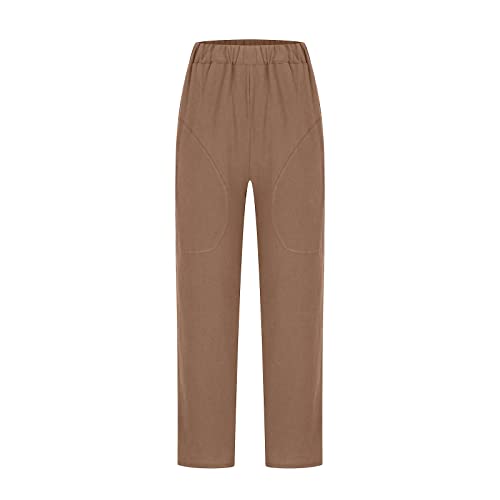Image of LRMQS Cotton Linen Pants Women Casual Summer 2026 Trendy Loose Fit Beach Wide Straight Leg Trousers with Side Pockets