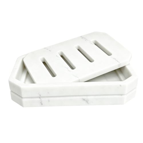 Drainable Soap Dish Double Layer Resin Soap Holder with Marble-Look Non-Slip Silicone Feet Soap Saver for Bathroom