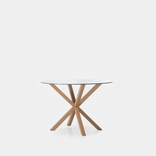 KLAST Table de Salle à Manger Ronde Aras, Plateau en Verre Trempé, Pieds en Métal Finition Bois Naturel, Style Élégant Intemporel, Accepte 6 Personnes,...