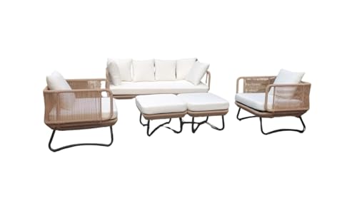 DRX Metal Outdoor 6 Seater Beige Rope Sofa Conversation Set with Ottomans and White Washable All Weather Waterproof Cushion Covers for Garden, Pool, Deck, Backyard, Lawn, Terrace DRX Metal Outdoor 6 Seater Beige Rope Sofa Conversation Set with Ottomans and White Washable All Weather Waterproof Cushion Covers for Garden, Pool, Deck, Backyard, Lawn, Terrace