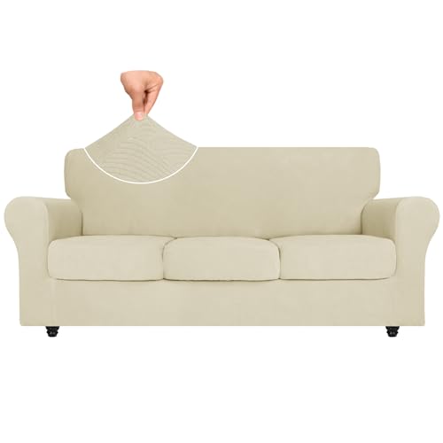 ZNSAYOTX Super Stretch Sofa Slipcovers 4 Piece, Newest Striped Couch Covers for 3 Cushion Sofa, Dog Cat Pets Proof Universal Soft Couch Protector Washable Durable Anti Slip (71″-91″, Beige)