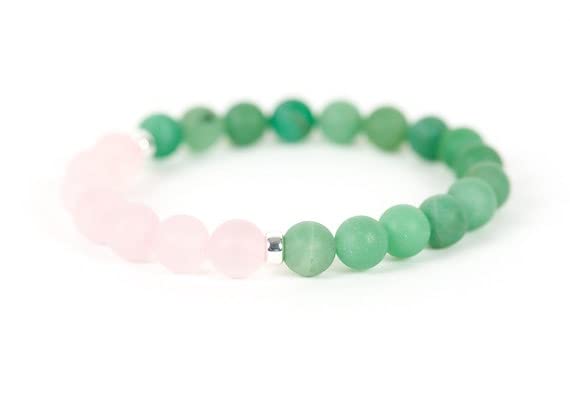 Bracelet quartz rose et aventurine verte 8mm, le cadeau idéal pour homme et femme