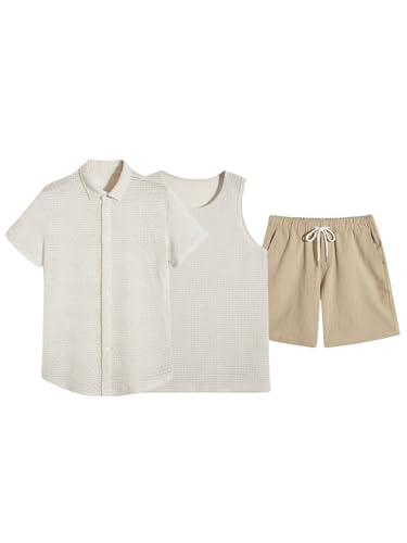 Men's 3 Pieces Outfit Sleeveless Tank Top and Drawstring Waist Shorts Set with Button Down Shirt3