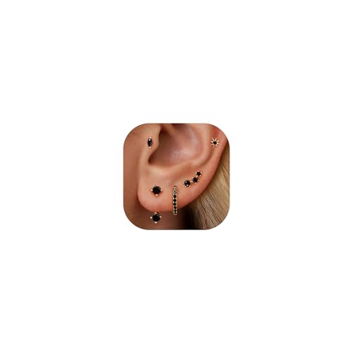 Gold Stud Earrings for Women 6 Pairs 14K Hypoallergenic Cartilage Earrings for Multiple Piercing Dainty Small Stackable Hoop Ball Earrings Set (Black-CZ-6 Pairs)