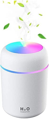 VisionExpress Colourful Cool mini Humidifier, Car Humidifier with 300 ml water tank, USB charging function, 2 mist modes, super quiet, auto shut-off and night light function (White)