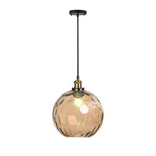 EKSED Lampadario a Sospensione Sferico in Vetro Ondulato - Lampada a Sospensione con Paralume in Ottone per Isola Cucina e Sala da Pranzo (Ambra, 20cm)