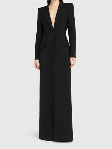 Women Black Single Buttons X-Long Elegant Blazer Lapel Long Sleeve Jacket2