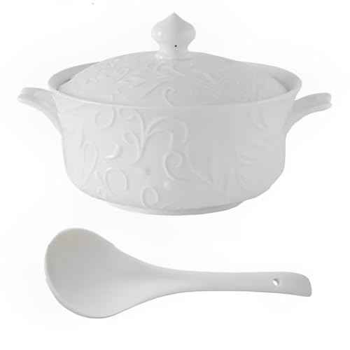 Vnook Soupière à Double poignées avec couvercle et cuillère, bol à soupe en porcelaine de 2500ml, vaisselle décorative for le service de Table de cuisine