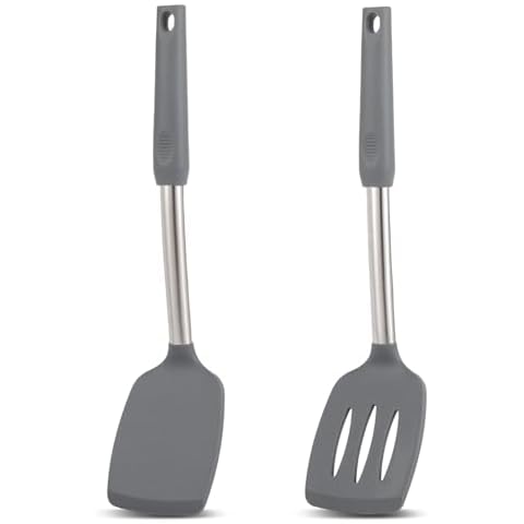 Cooptop Pack of 2 Non Stick Solid & Slotted Silicone Spatula Set, Heat Resistant Silicone Turners for Fish,Eggs,Pancakes (Black Grey) Cover