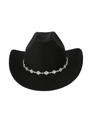 GORGLITTER Women's Rhinestone Cowboy Hat Wide Brim Felted Western Hats Black One-Size