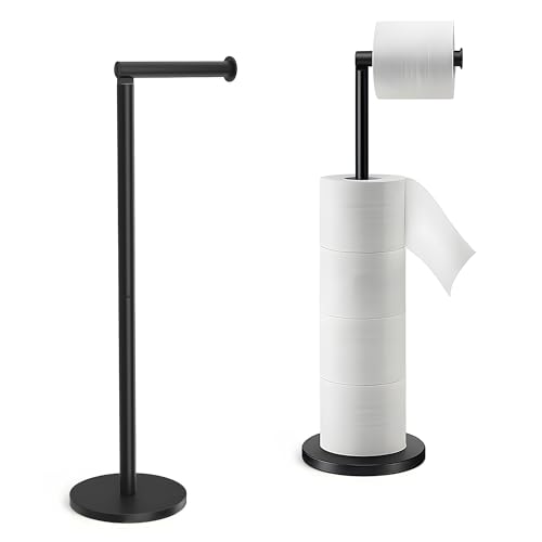 FB FunkyBuys Black Freestanding Toilet Roll Holder Durable Stainless Steel 2-in-1 Toilet Paper Holder Holds 1 Roll & Stores 3 Anti-Slip Base for Stability (Black)