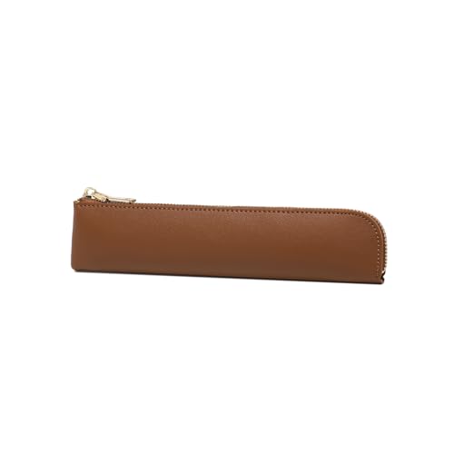 Image of Faux Leather Pencil Case Small Pencil Pouch Slim Pen Case Holder Zipper Bag for School Office(Yellow Brown)