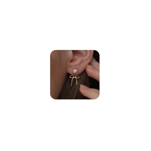 Gold Pearl Earrings for Women: Trendy Bow Earrings, 14k Gold Plated, Dainty Drop Pearl, Hypoallergenic Studs, Sparkly Diamond Hoops