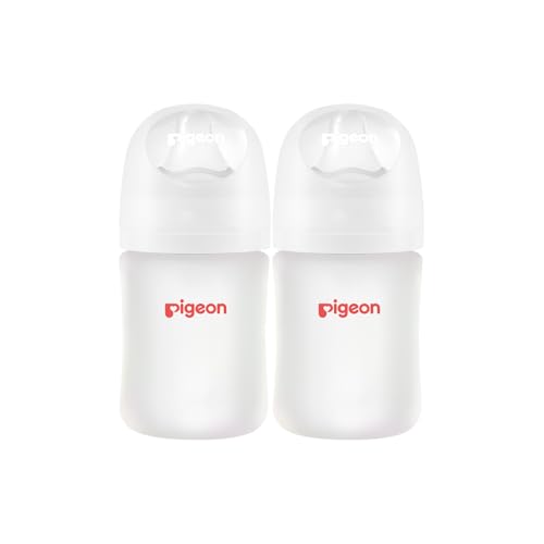 Image of Pigeon Silicone Coating (Glass Inside/Silicone Outside) Baby Bottle, Wide Neck, Streamlined Body, Natural Feel, Easy to Clean, Heat-Resistant, 5 Oz (Pack of 2), Includes 2 pcs SS Nipples (0m+)