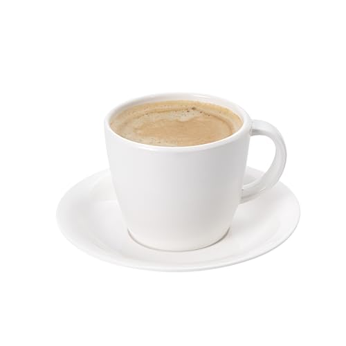 Restaurantware Voga 10 Ounce Tea Cups With Saucers 10 Premium Coffee Cups With Saucers - Top Rack Dishwashable Serve Lattes Mochas Or Teas White Melamine Cups With Saucers For Homes or Cafes