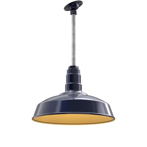 Image of Steel Lighting Co. Carson Barn Light | Ceiling Mounted Pendant | 16 inch Dome | 12 inch Sloped Stem | Industrial Style Steel Light Made in America | Navy Blue Exterior /Brass Interior