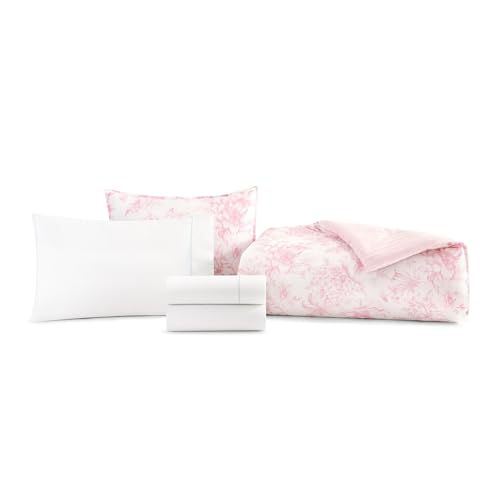 Image of Laura Ashley - Twin /Twin XL Bedding Bundle, Reversible Comforter with Matching Pillowcases & Cotton Percale Sheet Set, Floral Bedding with a Crisp & Cool Feel (Pink)