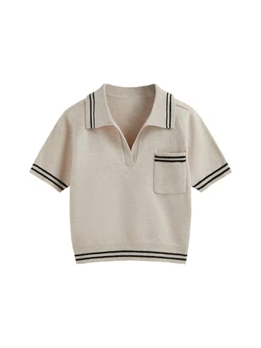 CIDER Short Sleeve Sweater Knit Top Collar Neck Stripe Pullover