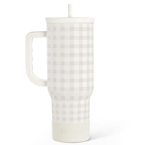 Image of SANDJEST Grey Gingham 40oz Slider Tumbler with Handle and Straw - Insulated Stainless Steel Travel Coffee Mug for Women Girls, Gift for Birthday, Christmas