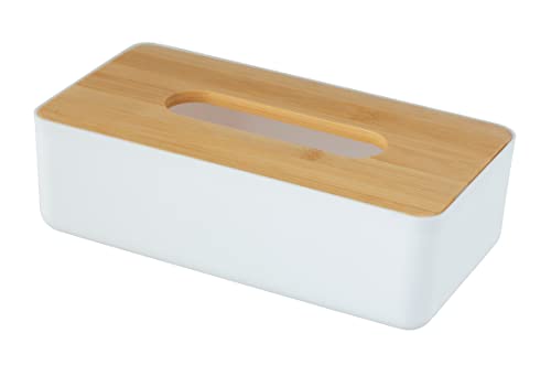 WENKO Kosmetiktuchbox Mod. Rotello, Box für Kosmetiktücher oder Taschentücher mit Deckel aus Bambus, leichte Entnahme, zum Verstauen handelsüblicher Pappboxen, 24 x 7,5 x 12,7 cm, Weiß/Natur