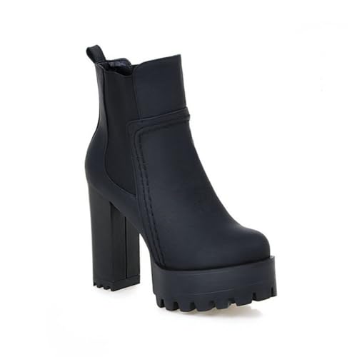 Women's Round Toe Ankle Boots Chunky High Heel Chelsea Style Platform Slip-On Winter Slouch Leather Wide Calf Stretchy Biker Shoes