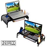 Monitor Stand Riser, Mesh Metal Desktop for Computer/Laptop TV Printer with Pull Out Drawer. New Design with Two Cellphone Slots. Two Compartments for Storage Organizer. Black by House Ur Home