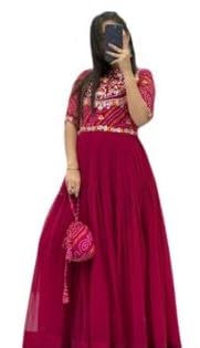 Butter Buds Embroidery Sequence Work Fox Georgette Padded Gown with Pure Bandhej Shrug & Hend Purse for Festival/Function (Alterable M to L and XL to XXL Margin Size)-picture-50