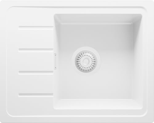 PRIMAGRAN Evier Cuisine en Granit Tout Blanc 55x44cm, Lavabo 1 bac + Kit de Vidage, Évier à Encastrer al mueble 45cm - Copenhague Easy