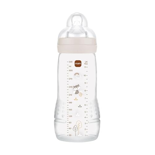 MAM Biberon Easy Active Baby Bottle 330 ml, Biberon MAM per bambini attivi ergonomico e pratico, Accessori neonato 4+ mesi per allattamento con tettarella misura 3 piatta e simmetrica, Neutro