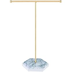 Estanterias Con Formas Originales Hileyu Soportes de Joyería,Soporte de Exhibición de Collar de Barra en T de Metal Soporte de Joyería en Forma de T con Bandeja Redonda con Patrón de Mármol,Organizador de Exhibición de Aretes