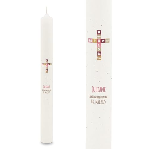 GRAVURZEILE Bougie à tige imprimée - Symboles en croix - Personnalisable avec nom et date - Cadeau de baptême, communion ou confirmation - Pour garçons et filles - Bougie d'autel 400/40 mm - Couleur