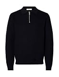 half zip polo sweater Selected Homme noir, pull, adulte, coupe normale, col polo, manches longues