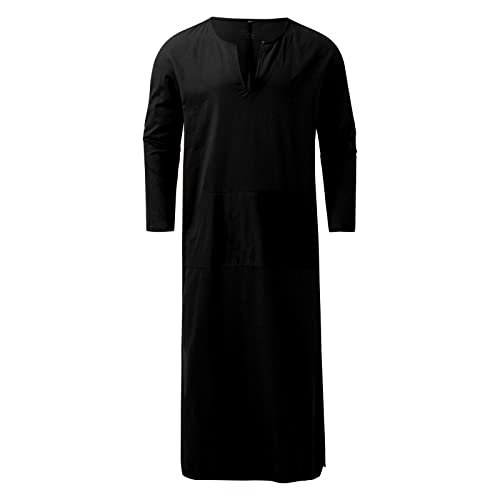 Mens Muslim Robes Solid Cotton Kaftan Thobe V Neck Casual Shirt Long Sleeve Islamic Caftans with Pocket4