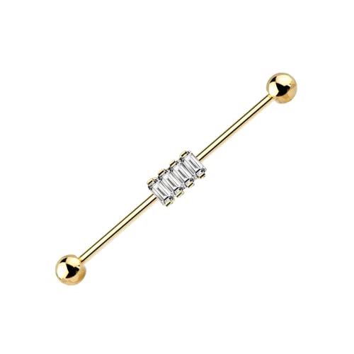 Cushionblue 14G Baguette Diamond Industrial Barbell Piercing, 38Mm Length, Industrial Barbell, Ear Piercing, Body Jewelry, Industrial Piercing. (Yellow, 14K Gold) #TOP23