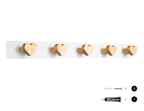 Yisiziyo Kids Coat Rack Wall Mount with 5 Hooks, Natural Beech Wood and White Metal Wall Mounted Backpack Hanger, Kids Coat Hangers for Wall for Towels, Bags, Hats - Heart Shape (1-Pack)