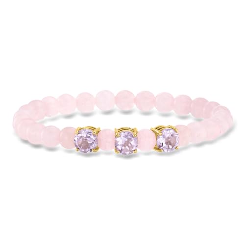 Ross-Simons 45.00 ct. t.w. Rose Quartz Bead Stretch Bracelet With 3.50 ct. t.w. Amethysts in 18kt Gold Over Sterling. 7 inches