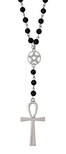 Sacina Gothic Ankh Cross Pentagram Necklace, Bead Chain Rosary Cross Necklace, Goth Jewelry Gift for Women, Men