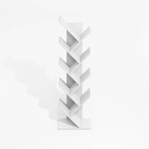 Image of Furinno Tree Book Shelf, 9-Tier Bookshelf, Tree Bookcase for Room Decor, 8.4 x 15.7 x 50.9, for Living Room, Bedroom, Home Office, Plain White