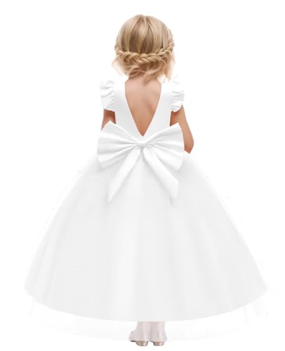 Flower Girl Dress Satin Pageant Dresses for Girls V Back Wedding Party Formal Ball Gowns with Bow-Knot