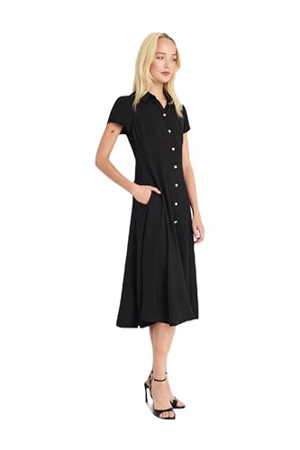 Short Sleeve Button-Front Midi Versatile Knee-Length Flared Skirt-Work Dresses for Women2