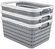 3 Pack Storage Baskets Large, Foldable Plastic Woven Organizing Bins with Handles, Ventilated Multi Purpose Storage Containers for Home Organization, Toys, Laundry, Closet, Nursery, Office (grey)
