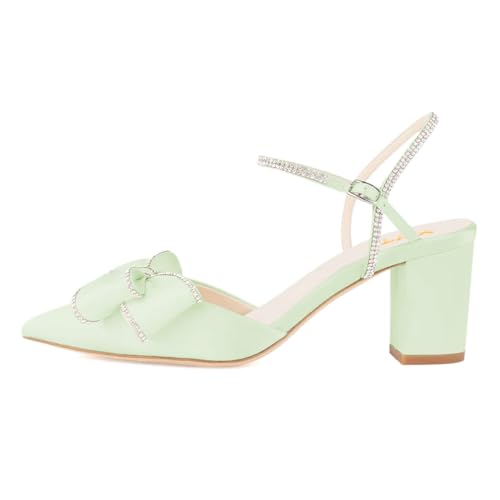 XYD Women Block Chunky Mid Heels Sparkling Ankle Strap Wedding Bowknot Pumps Pointed Toe Dress Shoes2